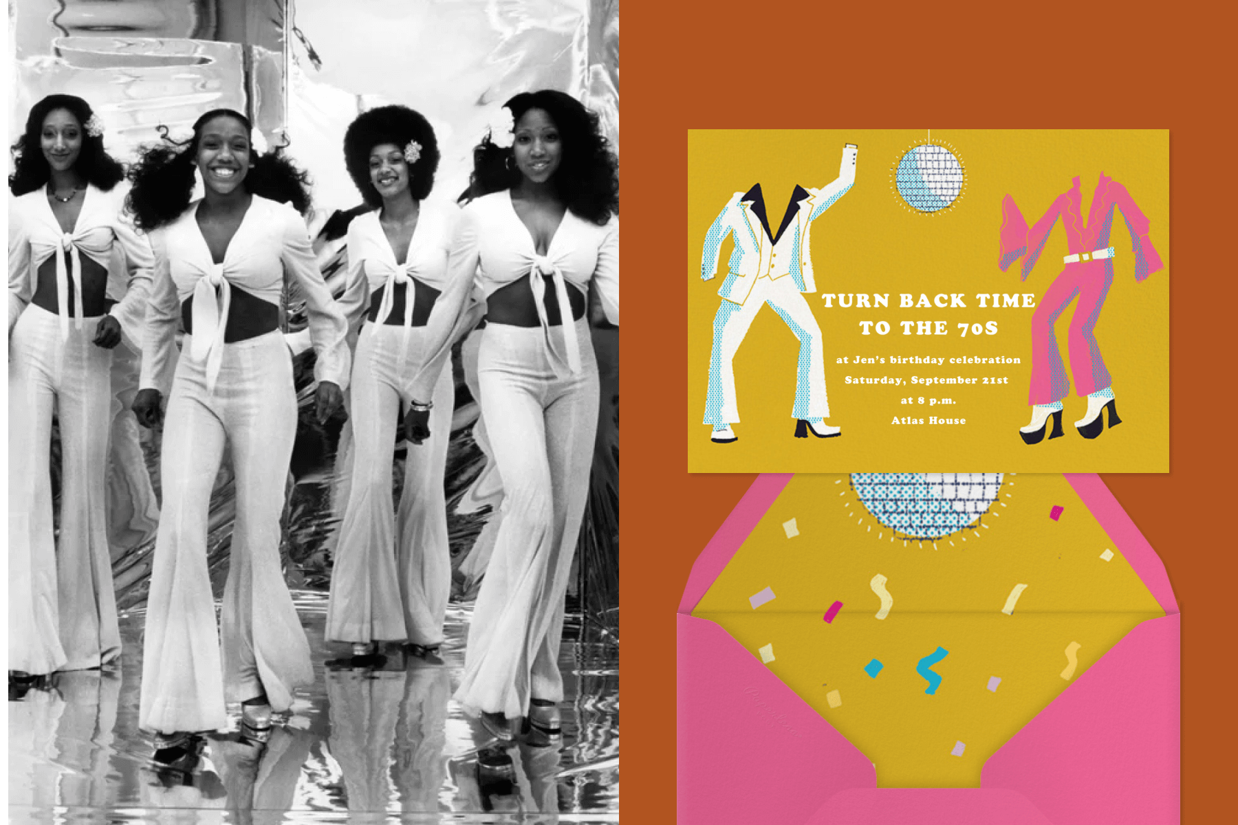 Four women wear matching crop tops and bell bottom pants. Right: A yellow party invitation with illustrated disco outfits.